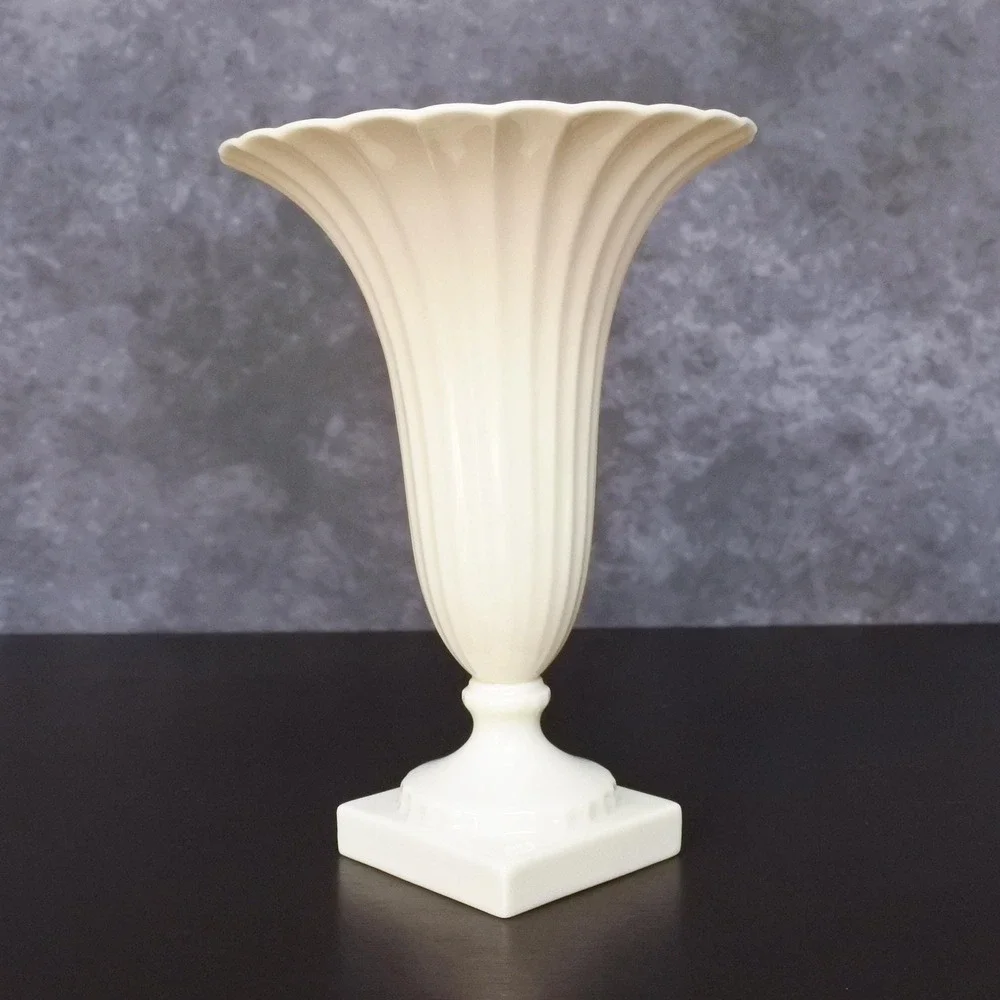 Vintage Lenox Neoclassical Ivory Fluted Pedestal Vase Pair Green Mark